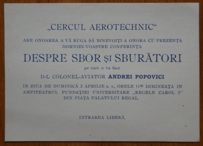 Invitatie la conferinta Cercul Aerotehnic; Despre sbor si sburatori, Col. aviator Andrei Popovici, interbelica foto