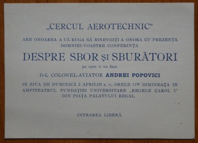 Cercul Aerotehnic ; Despre sbor si sburatori , Col. aviator Andrei Popovici foto