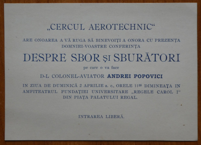Invitatie la conferinta Cercul Aerotehnic; Despre sbor si sburatori, Col. aviator Andrei Popovici, interbelica