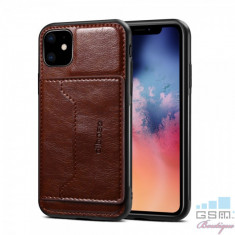 Husa Piele Protectie iPhone 11 Dura Cu Suport Card Maro foto