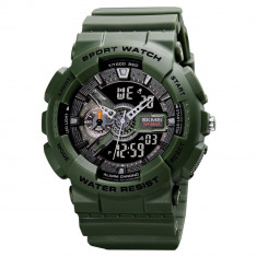 Ceas barbatesc SKME Dual Time cu cronometru, Alarma, Temporizator, Data, Verde