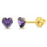 Cercei Aur 14K Copii, model Birthstone (zi nastere februarie), forma Inima cu Piatra CZ Purple
