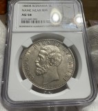 5 Lei 1880 Argint, Romania, NGC AU58, varianta Kullrich pe cerc