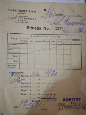 Factura 1941 Chibriturile SAR Bucuresti comisionar Hesshaimer Brasov foto