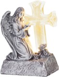 Decor funerar solar cu inger si cruce LED, polyresin, 12x8x16,5 cm