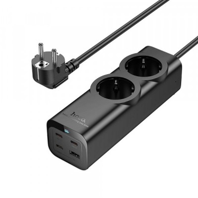 Prelungitor HOCO NS10, 67W, 3A, 1 x USB-A - 3 x USB-C - 2 x Schuko, Negru foto