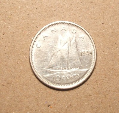 CANADA 10 CENTI 1954 ARGINT foto