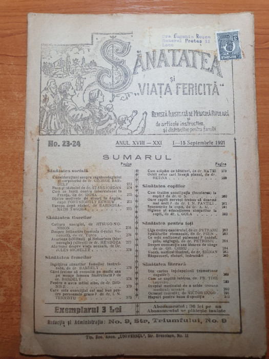 sanatatea si viata fericita 1-15 septembrie 1921-revista de medicina populara