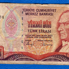 (1) BANCNOTA TURCIA - 20000 LIRE 1970, FISURATA, CLADIREA BANCII CENTRALE ANKARA