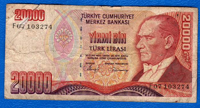 (1) BANCNOTA TURCIA - 20000 LIRE 1970, FISURATA, CLADIREA BANCII CENTRALE ANKARA