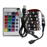 Banda LED RGB Multicolor 1m cu Telecomanda, 4.8W, 5V, Flexibila, Interior, Negru