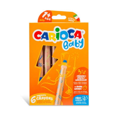 Set 6 Creioane Carioca 3 in 1 cu Acutitoare, Mina 10 mm, Colorate Cerate si Acuarela, Set de Creioane Colorate, Set Culori Carioca Baby, Creioane Colo foto
