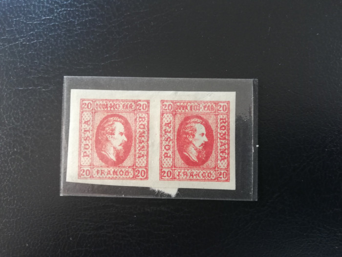 Pereche timbre Cuza,1865, 20 parale rosu, nedantelat, nestampilat, exp Zoscszak