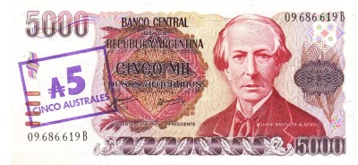 Argentina 5 Australes pe 5 000 1985 P-321 Seria 09686619B foto