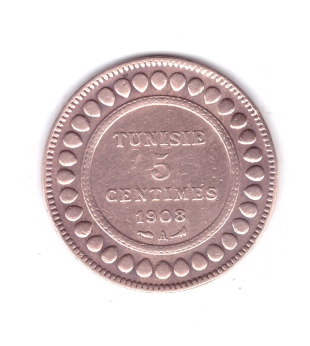 Moneda Tunisia 5 centimes 1908, stare buna, curata