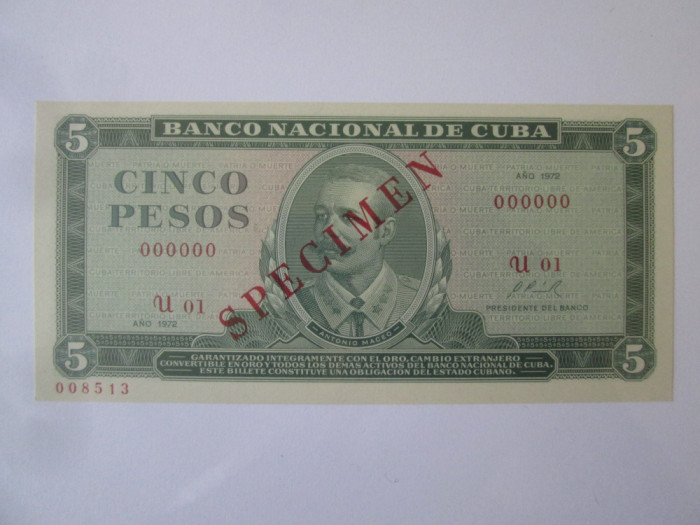 Rară! Cuba 5 Pesos 1972 Specimen UNC