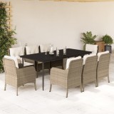 VidaXL Set de masă pentru grădină, 9 piese, cu perne, bej, poliratan
