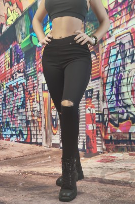 C808-1 Blugi tip colanti cu talie inalta din denim elastic model destroyed foto