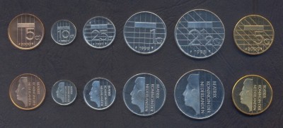 OLANDA █ SET COMPLET DE MONEDE █ 5+10+25 Cents +1 +2 1/2 +5 Gulden 1990-2000 UNC foto