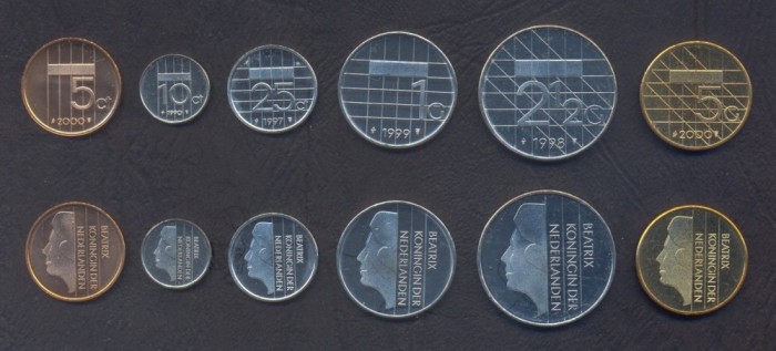 OLANDA █ SET COMPLET DE MONEDE █ 5+10+25 Cents +1 +2 1/2 +5 Gulden 1990-2000 UNC