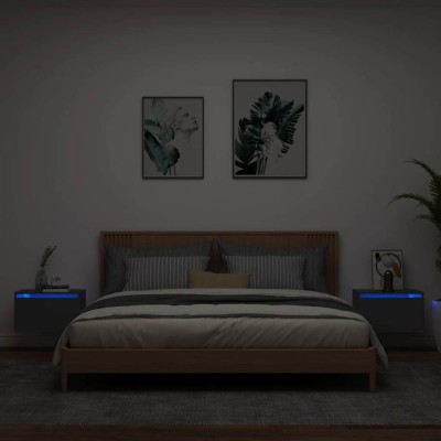 vidaXL Noptiere montate pe perete cu lumini LED, 2 buc., negru foto