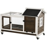 PawHut Cușcă pentru Iepuri din Lemn cu Roți, Acoperiș Rabatabil, Uși și Tavă Detașabilă, 108x58x73.5 cm, Maro | Aosom Romania