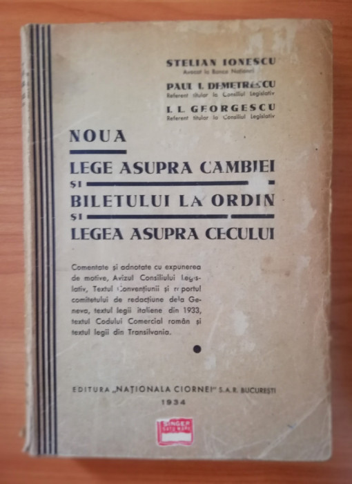 Noua lege asupra cambiei si biletului la ordin si legea asupra cecului, 1934