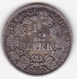 Germania &frac12; Mark Marca 1905 Wilhelm II type 2 small shield Litera F