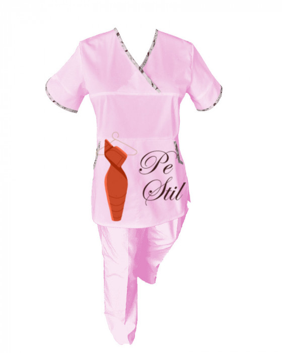 Costum Medical Pe Stil, Roz deschis cu Elastan cu Garnitură stil Japonez, Model Sanda - 2XL, S