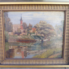Tablou vechi - peisaj cu barca - A. Leroy 1901