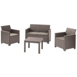 Set mobilier de terasa/gradina Keter Elodie cu canapea 2 locuri, 2 fotolii si masa, aspect ratan, plastic, canapea: 65 x 113 x74 cm, fotoliu: 65 x 63