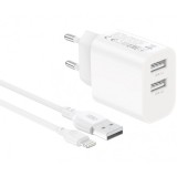 Incarcator Retea Cu Cablu Lightning XO Design CE55, 12W, 2.4A, 2 x USB-A, Alb