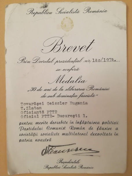 Brevet Eliberarea Rom&acirc;niei, semnat Ceaușescu, ptr Eugenia Geissler, 1974