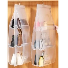 Organizator pentru genti, din material textil, suspendat, cu agatatoare, cu 6 compartimente, dimensiuni 35 x 30 x 93 cm, alb