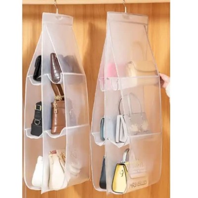 Organizator pentru genti, din material textil, suspendat, cu agatatoare, cu 6 compartimente, dimensiuni 35 x 30 x 93 cm, alb foto