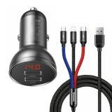 Baseus - Car Charger (TZCCBX-0G) - Digital Display, 2xUSB-A, 24W with Cable USB to Type-C, Lightning, Micro-USB - Black