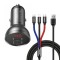 Incarcator auto Baseus Display 2xUSB + cablu 3in1 Type-CMicro-USBLightning - TZCCBX-0G, negru