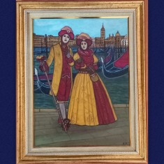 VENETIENI IN COSTUME DE CARNAVAL, tablou pictat manual in ulei pe panza , dimensiune cu rama 40x50 cm