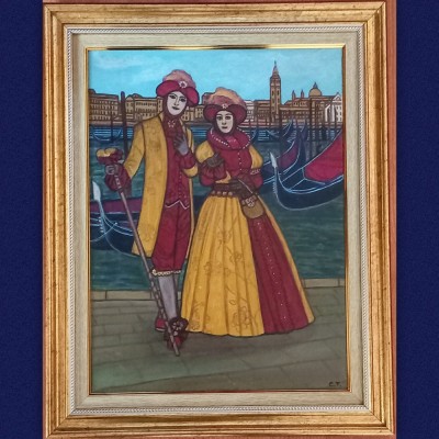 VENETIENI IN COSTUME DE CARNAVAL, tablou pictat manual in ulei pe panza , dimensiune cu rama 40x50 cm foto