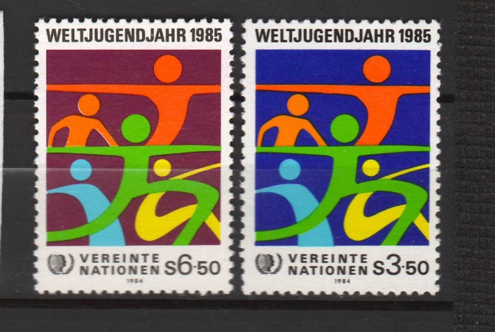 TIMBRE 141 f, ONU, VIENA, 1984, ANUL TINERETULUI, ANIMATIE.