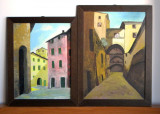Peisaje citadine - 2 tablouri originale, guasa pe carton special, rama cu sticla, Realism