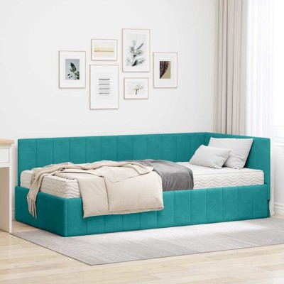 vidaXL Cadru de pat colțar cu saltea Turcoaz 90 x 200 cm Catifea 3393866 foto