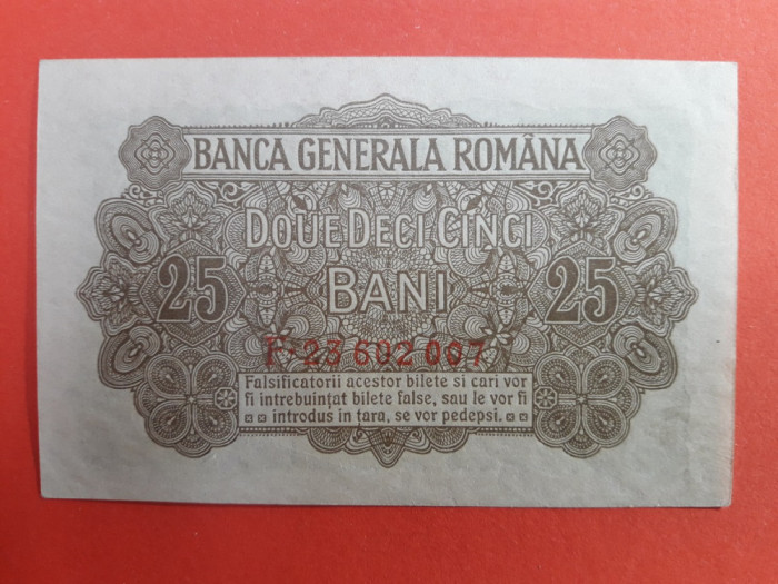 Bancnota 25 bani BGR (Banca Generala Romana) 1917 ocupatia germana - aUNC+-&gt;UNC