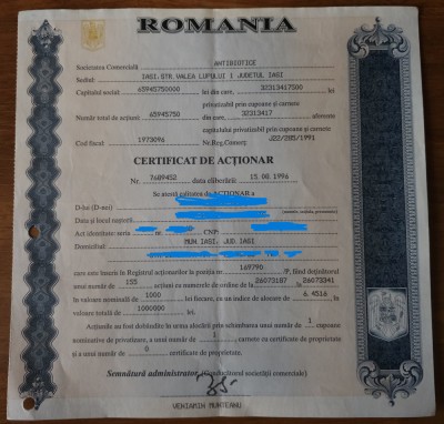 Certificat acționar: Antibiotice Iași foto