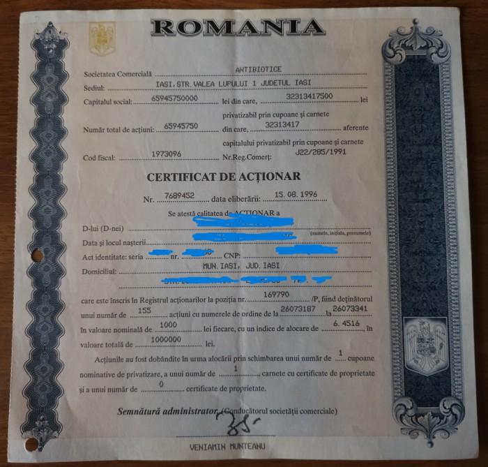 Certificat acționar: Antibiotice Iași