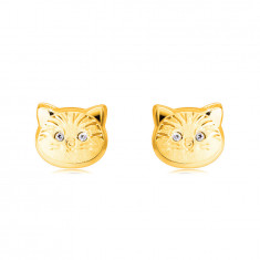 Cercei din aur de 14K - cap de pisicu?a cu ochi rotunzi din zirconiu foto