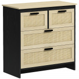 Cumpara ieftin HOMCOM Comodă 4 Sertare, Mobilier Sufragerie/Dormitor, PAL și Ratan, 80x38x80cm, Negru/Lemn Natural | Aosom Romania