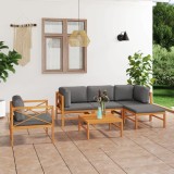 Cumpara ieftin Set mobilier grădină cu perne gri, 6 piese, lemn masiv de tec
