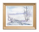 Cumpara ieftin Tablou pictat manual inramat, A venit iarna, 70x60cm, Valeriu Stoica 1996, Peisaje, Ulei, Realism