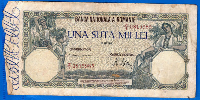 (44) BANCNOTA ROMANIA - 100.000 LEI 1946 (28 MAI 1946), FILIGRAN ORIZONTAL foto